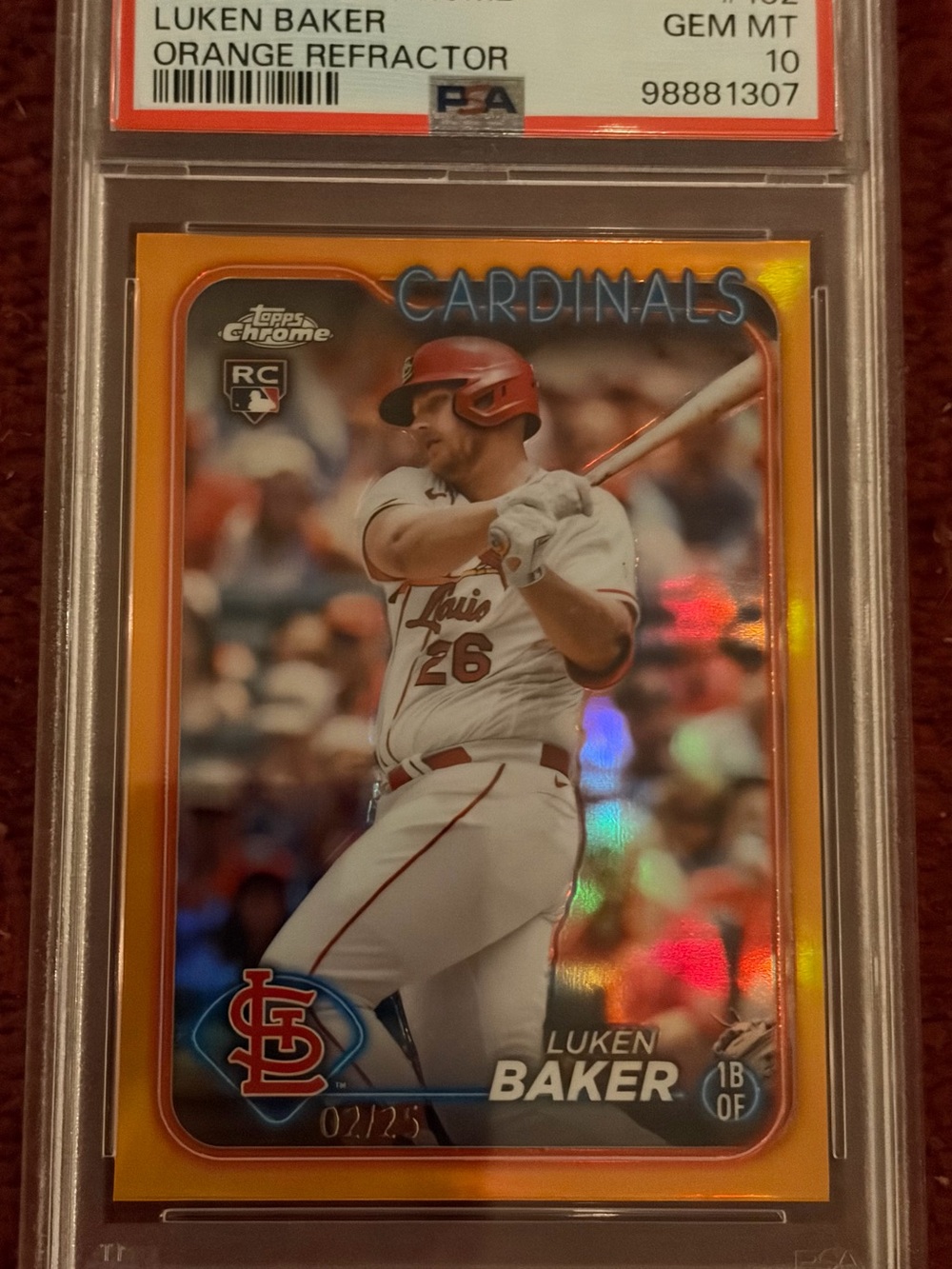 2024 Topps Chrome Luken Baker Orange Refractor RC /25 #132 PSA 10 POP 1